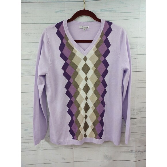 Croft & Barrow Womans Sz L Sweater Purple Lilac Argyle V-Neck Preppy Pullover - Picture 1 of 7